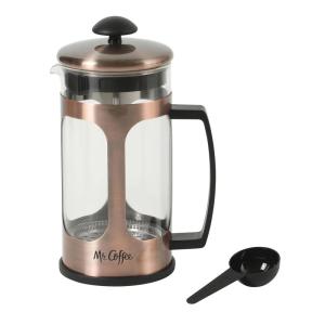 Mr. Coffee Daily Brew French Press Coffee Maker, 30-Ounce Glass Carafe with High Heat Resistant Durable Borasilicate Glass & Gunmetal Frame and Plunger, Includes Coffee Scoop(Copper (Stainless Steel))